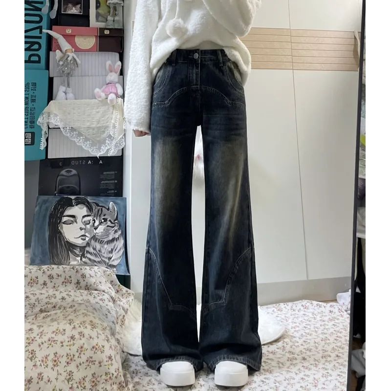 美式復古高街闊腿牛仔褲女秋季小個子寬鬆垂感高腰顯瘦拖地長褲子