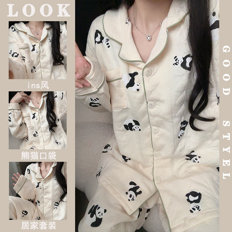 可愛風夾棉睡衣女秋冬季2023新款甜美熊貓口袋愛心長袖家居服套裝