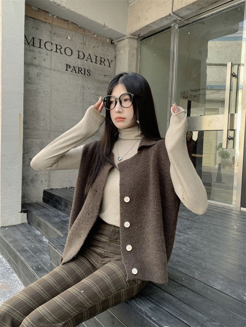 Suit Women's  Autumn and Winter New Korean Style Simple Suit Collar Knitted Vest Loose Top Pile Collar Sweater Women