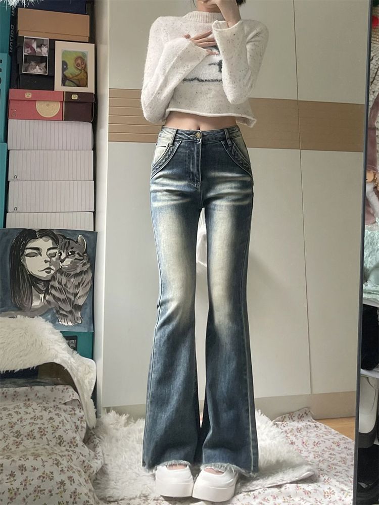 復古高腰微喇叭牛仔褲女秋季新款美式毛邊彈力修身顯瘦拖地長褲