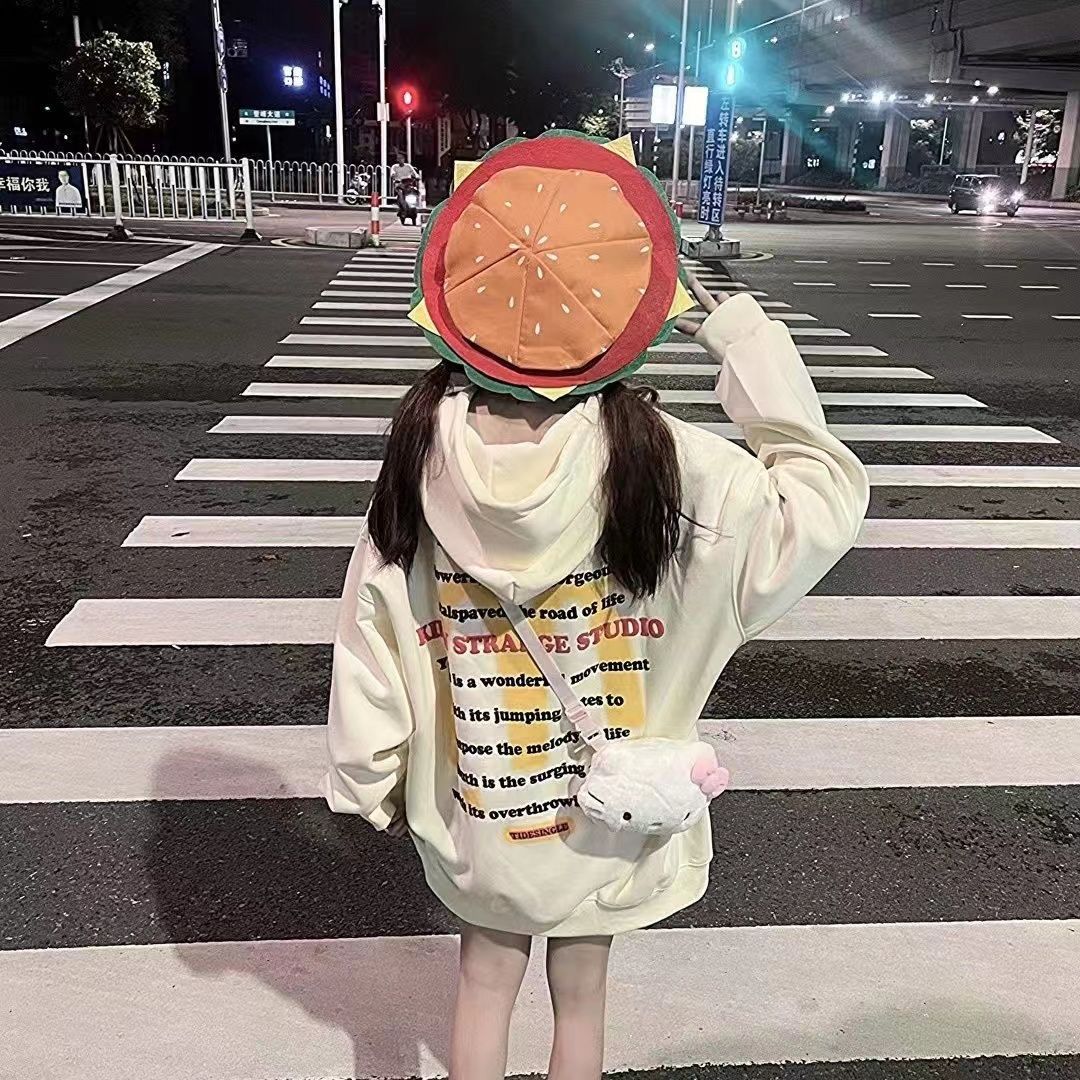 美式oversize寬鬆休閒加絨連帽衛衣外套女秋冬街頭加厚學生上衣潮