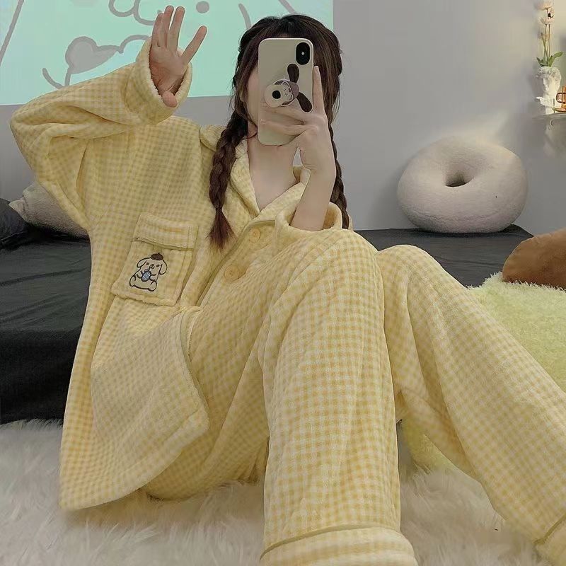 卡通格子布丁狗睡衣女款秋冬季珊瑚絨加厚學生套裝ins冬天家居服