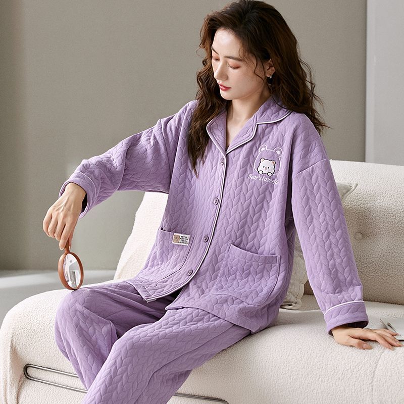新款睡衣女士秋冬季三層空氣棉夾層保暖套裝冬天高檔家居服可外穿