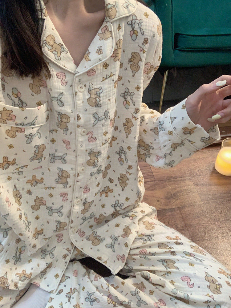 氣球小狗睡衣女春秋新款長袖長褲ins日系卡通學生居家服套裝外穿
