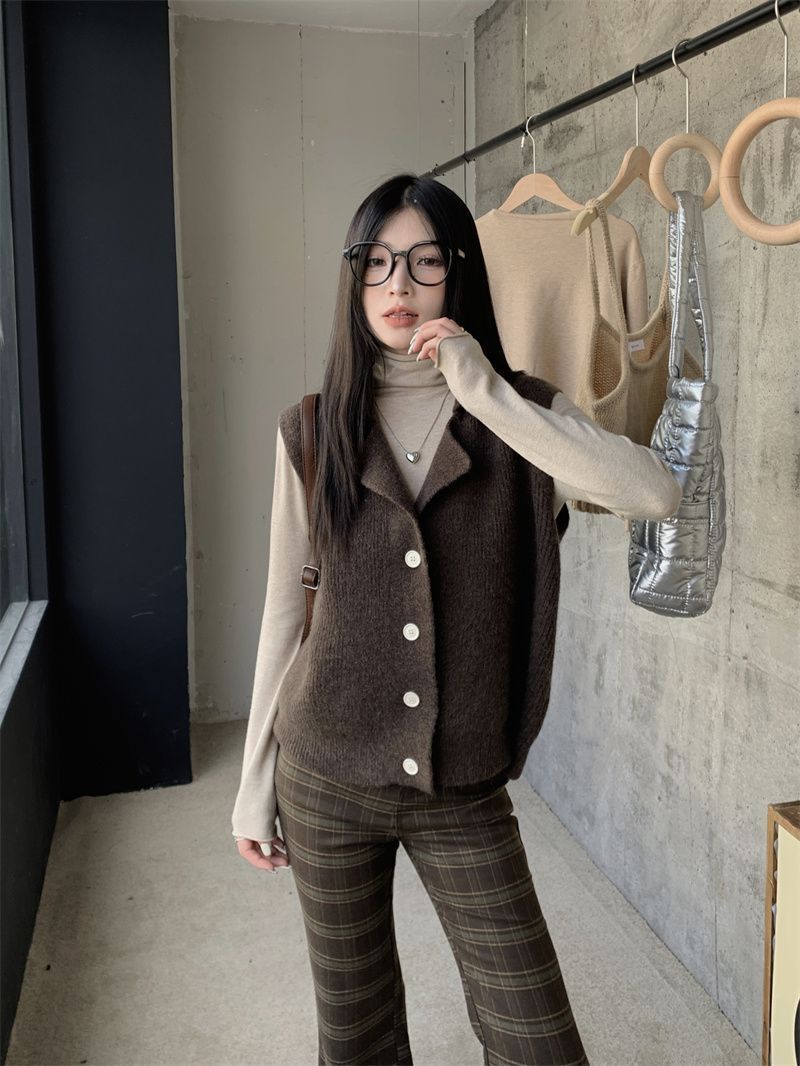 Suit Women's  Autumn and Winter New Korean Style Simple Suit Collar Knitted Vest Loose Top Pile Collar Sweater Women