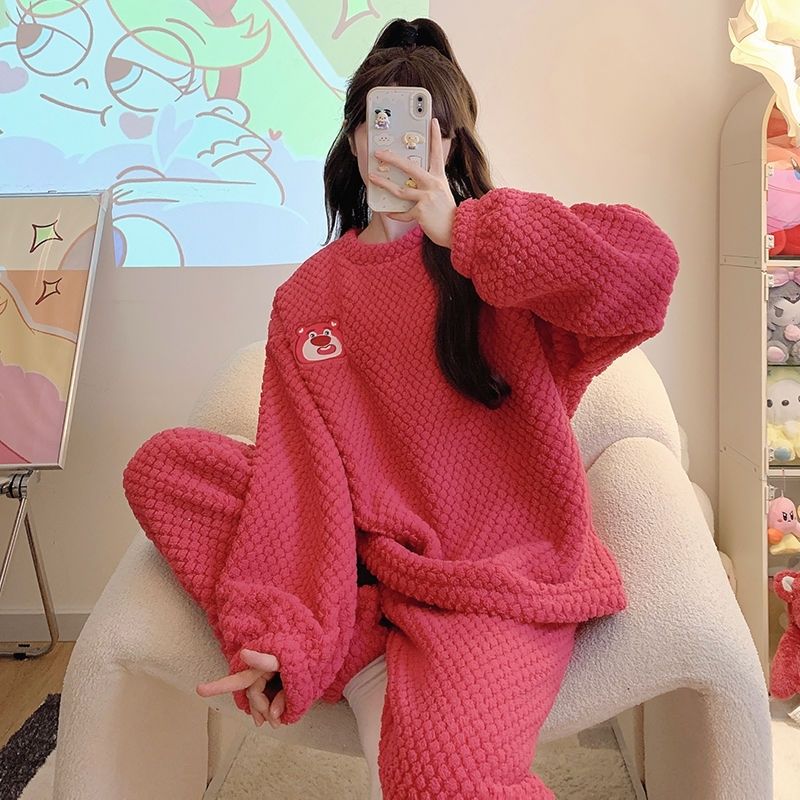 睡衣冬季女款珊瑚絨加厚加絨長袖可愛寬鬆法蘭絨家居服套裝可外穿