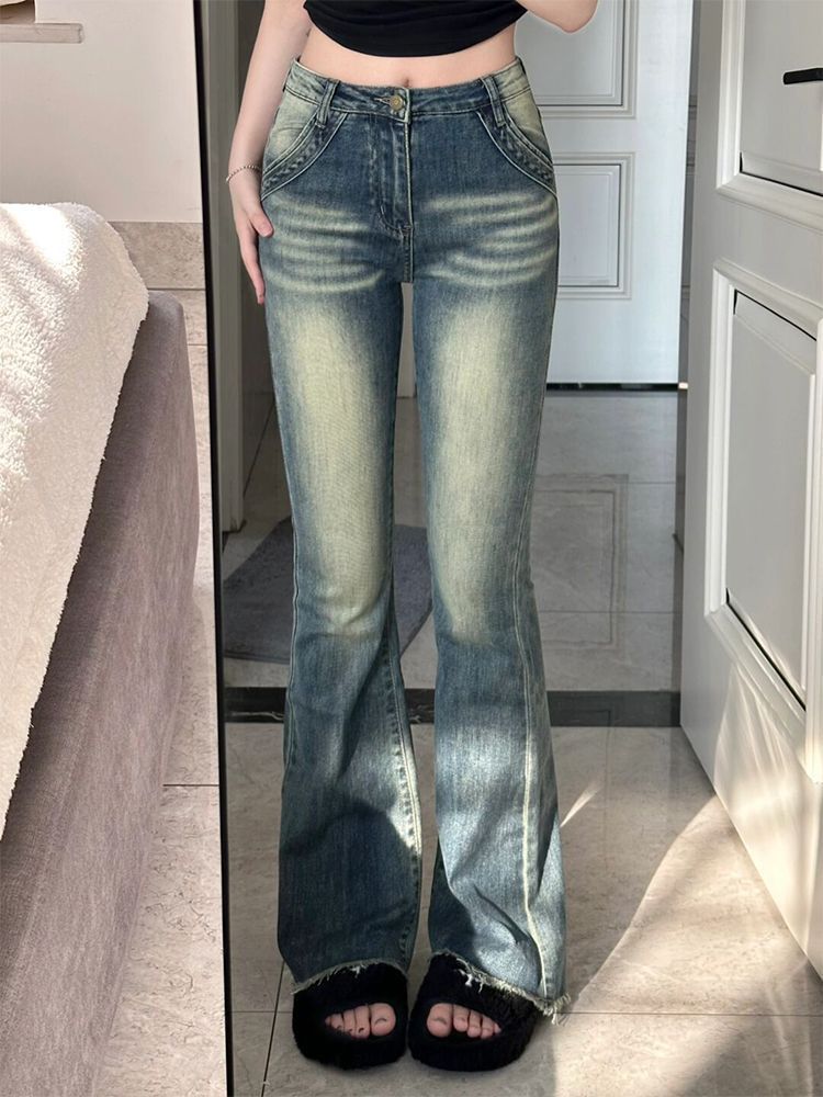 美式復古高腰微喇叭牛仔褲女設計感小眾做舊毛邊修身顯瘦拖地長褲