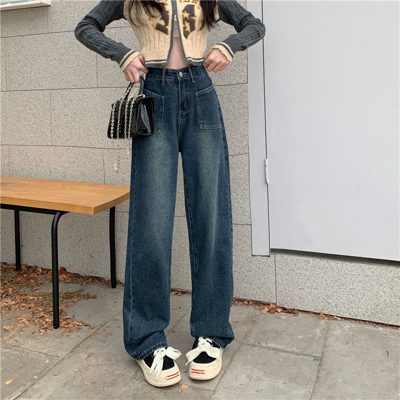 氣質復古藍直筒牛仔褲女2023春秋季新款寬鬆顯瘦拖地闊腿褲子長褲