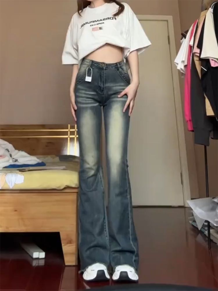 美式復古微喇牛仔褲女秋季水洗高腰修身彈力小個子毛邊馬蹄喇叭褲