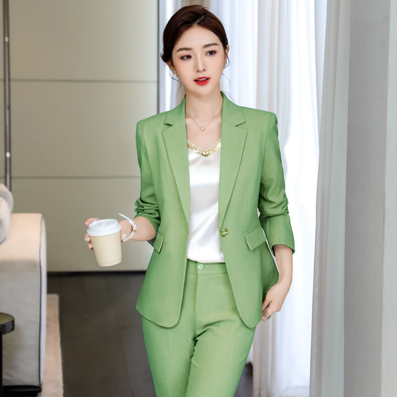 綠色西裝外套女2023秋冬季新款小個子修身氣質工作服職業西服套裝