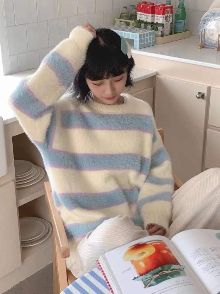 甜美清新藍白條紋慵懶風軟糯仿貂毛毛衣奶系休閒針織衫上衣女秋