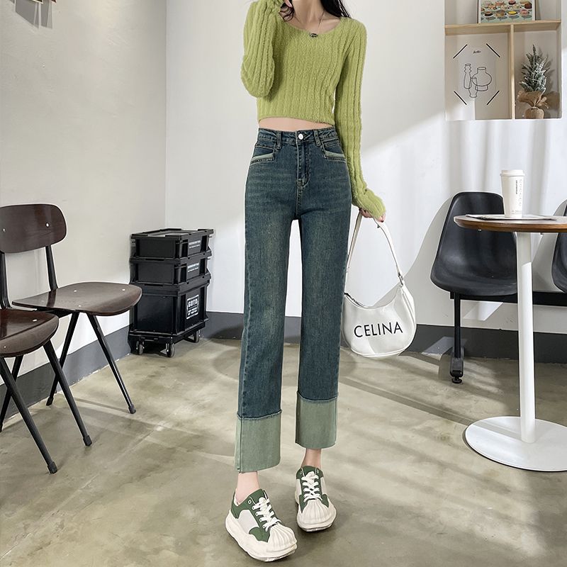 彈力小個子九分煙管直筒寬鬆牛仔褲女2023年秋季高腰修身顯瘦褲潮