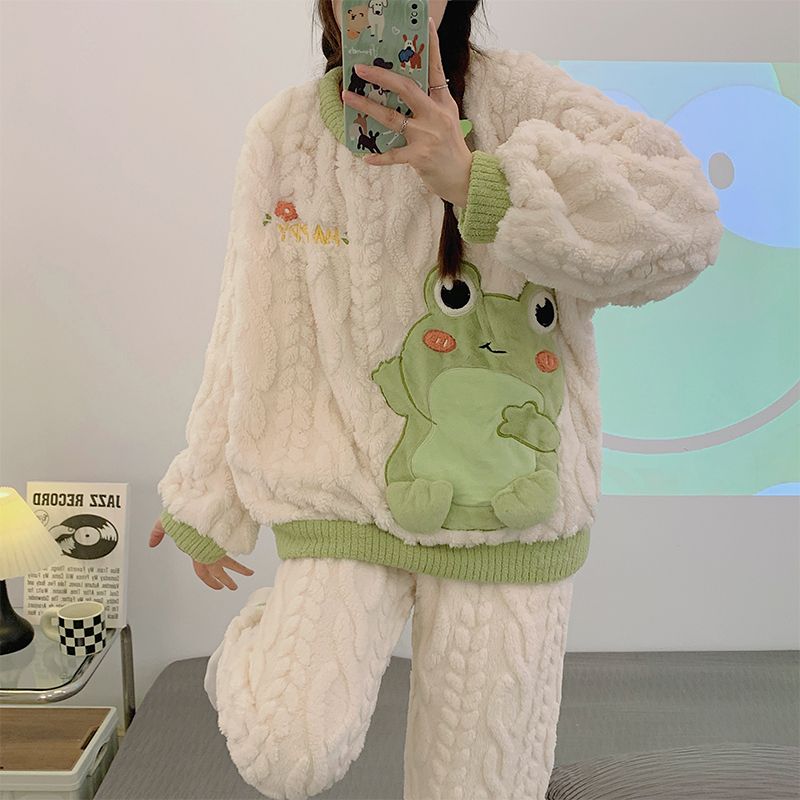 珊瑚絨睡衣女秋冬季網紅可愛卡通學生加厚法蘭絨冬天款家居服套裝