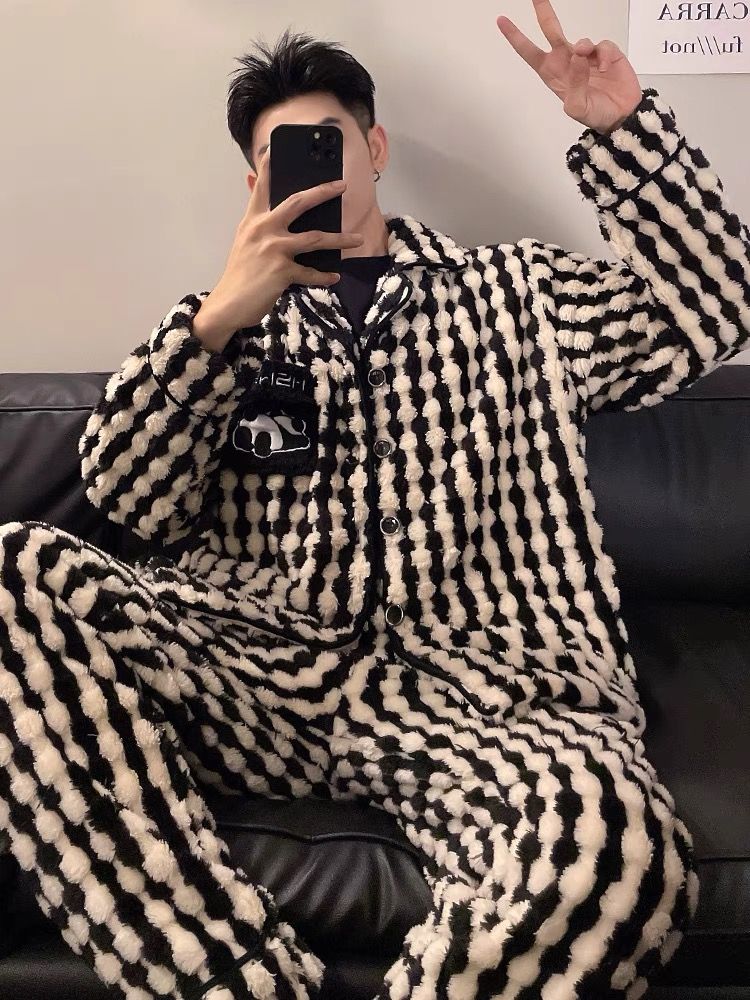 青少年睡衣男士冬季冬天加厚加絨法蘭絨保暖珊瑚絨大碼家居服套裝