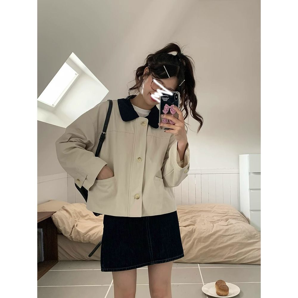 Loose Korean style retro spliced ​​lapel work jacket for women in autumn and winter design zipper long sleeve versatile short coat