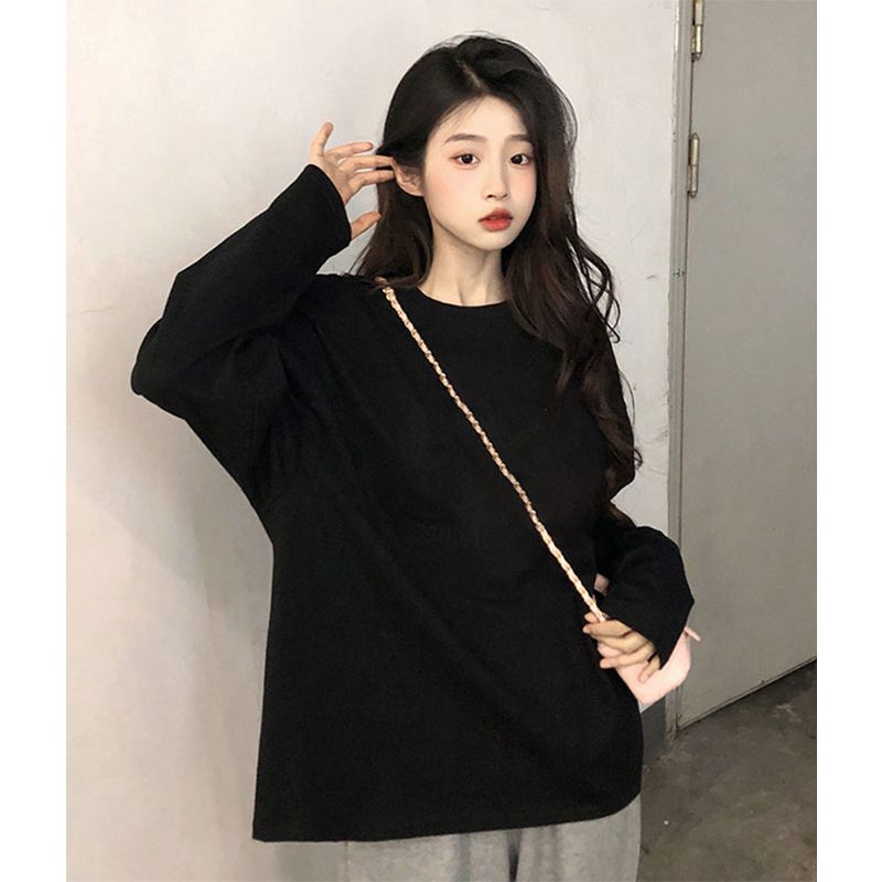 100%純棉黑色打底衫女保暖上衣秋冬季內搭寬鬆小個子長袖加絨t恤