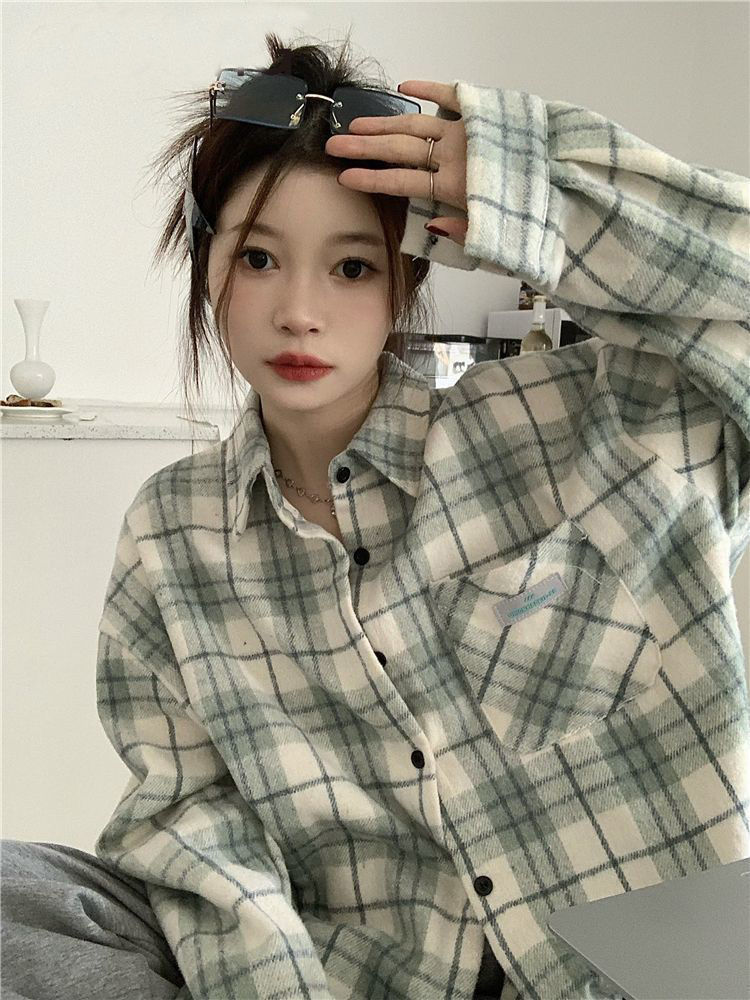 時尚復古休閒潮流長袖大碼磨毛襯衫女寬鬆胖MM顯瘦外搭格子外套女