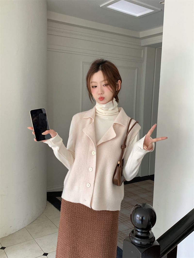 Suit Women's  Autumn and Winter New Korean Style Simple Suit Collar Knitted Vest Loose Top Pile Collar Sweater Women