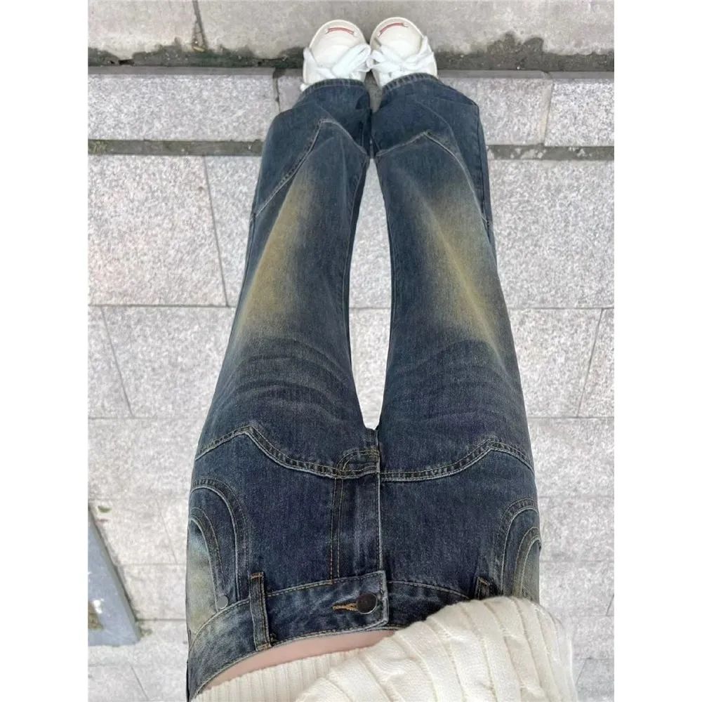 美式復古藍微喇叭春秋牛仔褲女高腰顯瘦闊腿高街拖地長褲子ins潮