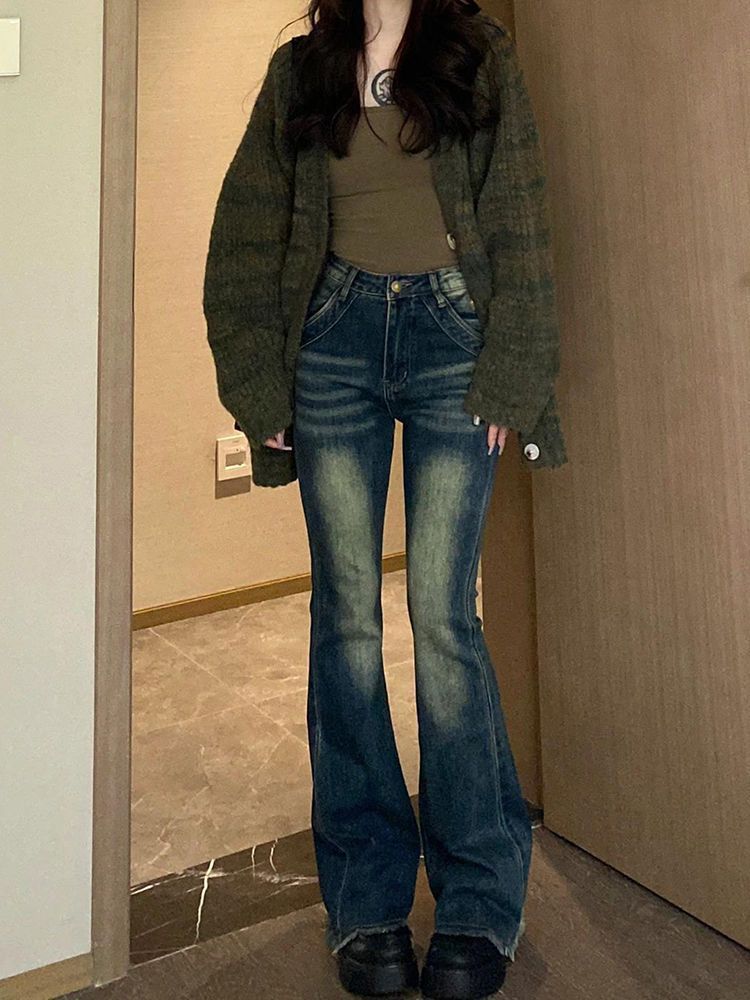 復古藍微喇牛仔褲女秋冬新款高腰修身小個子拖地毛邊馬蹄喇叭褲子