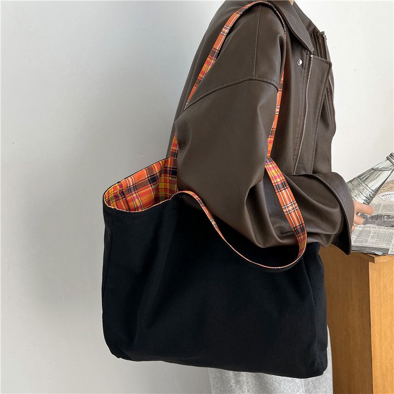 小众复古格纹橙色托特包便携通勤大容量腋下包高颜值时尚轻便布袋