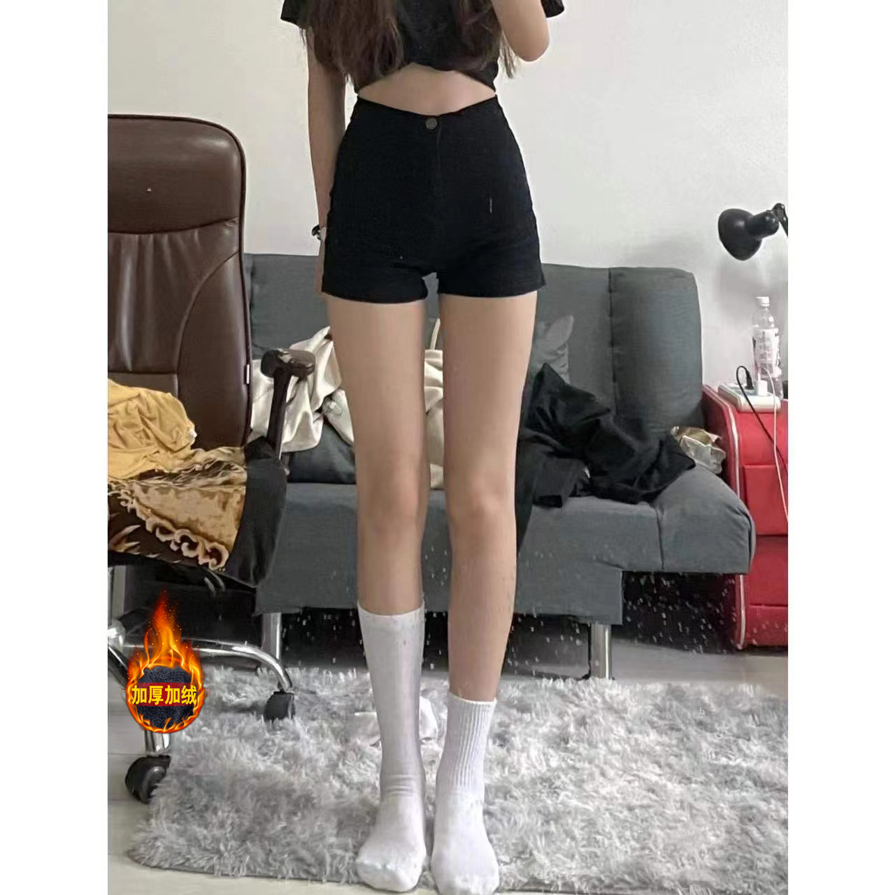 黑色牛仔短褲女加絨加厚顯瘦辣妹水洗直筒秋冬季百搭簡約包臀潮流