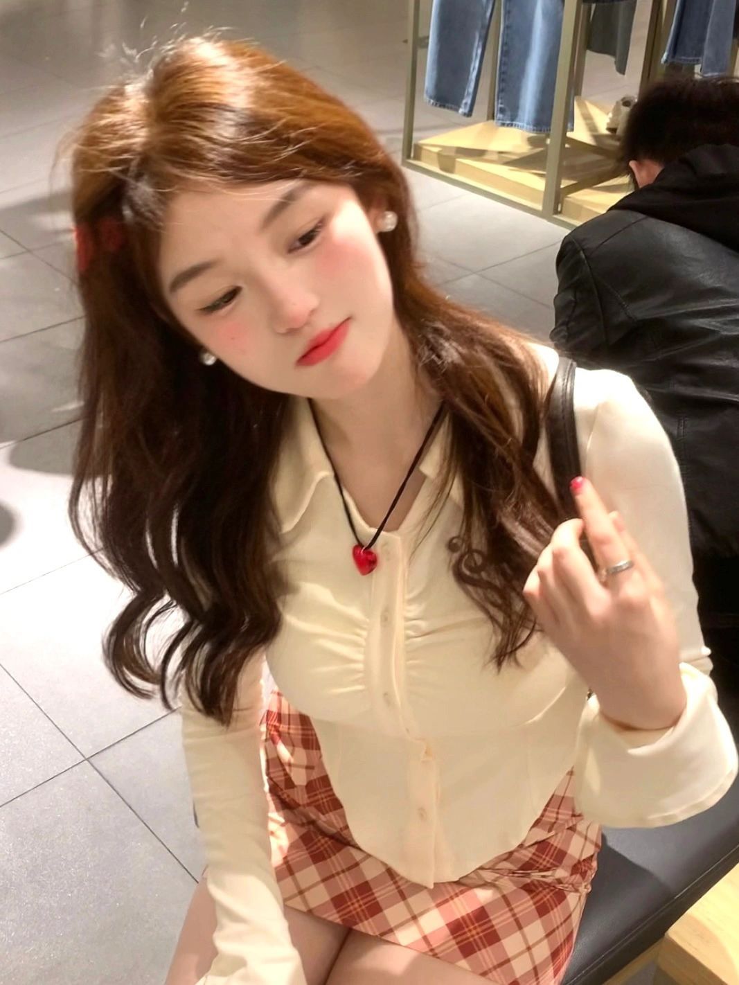 氛圍感拉滿!!秋裝搭配美拉德一整套時尚奶杏上衣格紋半身短裙套裝