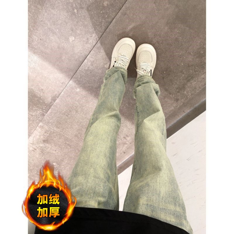 美式黃泥染做舊牛仔褲女春秋季加絨高街街頭vibe風寬鬆直筒長褲子
