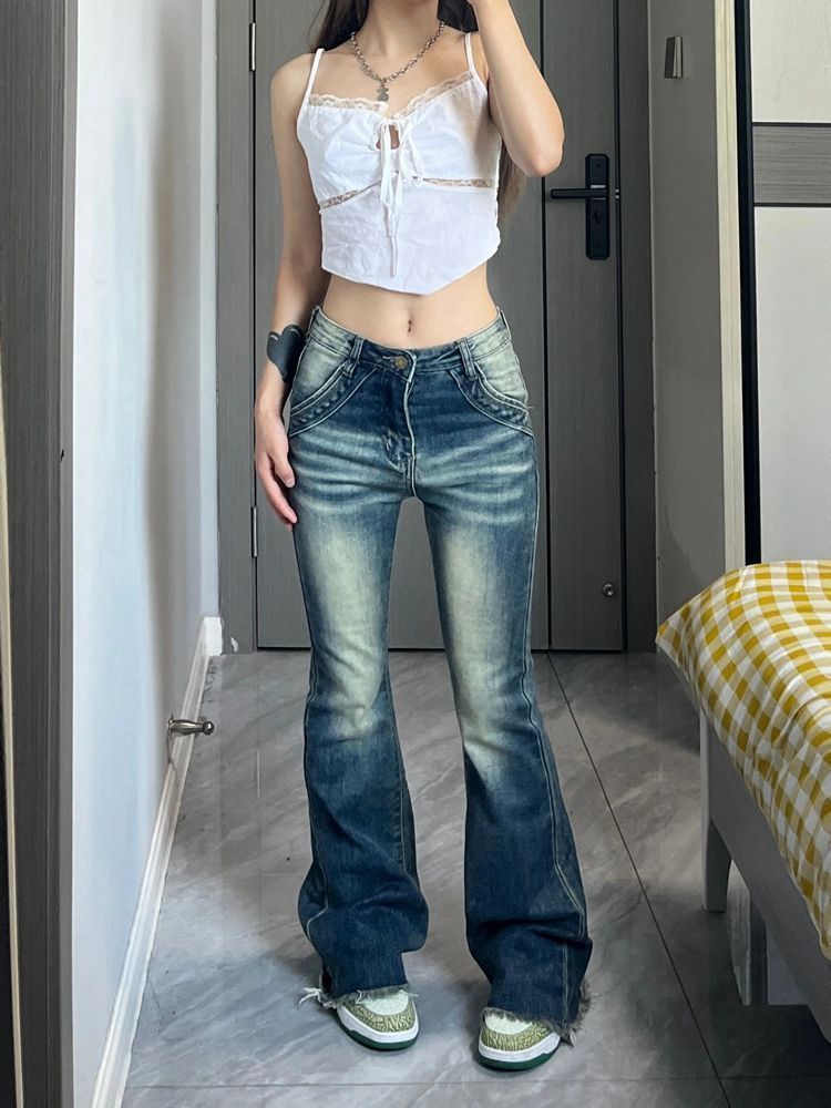 美式復古水洗高腰微喇叭牛仔褲女秋季新款修身顯瘦彈力毛邊拖地褲