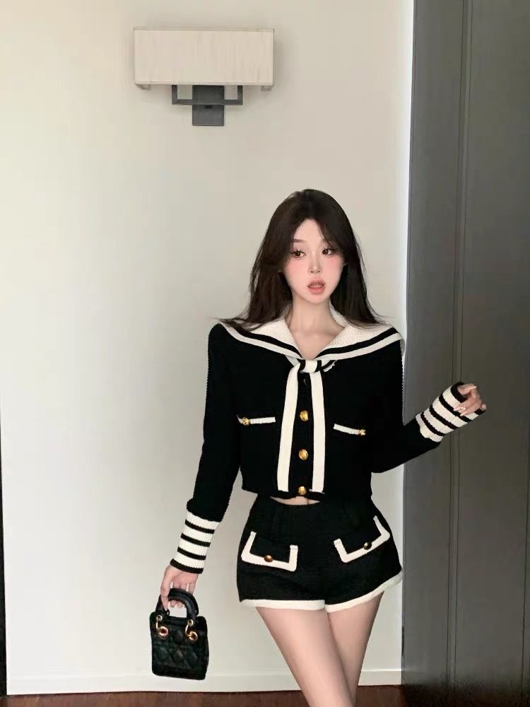 美式學院小香風套裝女海軍領短款針織開衫上衣秋季休閒短褲兩件套