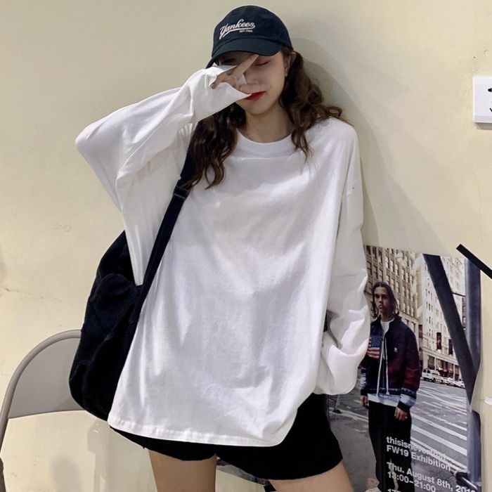 韓版秋季寬鬆長袖t恤女高級感薄款白色內搭女2023新款打底衫上衣