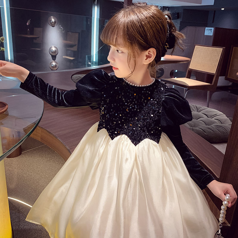Girls New Year dress Christmas atmosphere autumn and winter style velvet dress girl sequined velvet princess gauze skirt