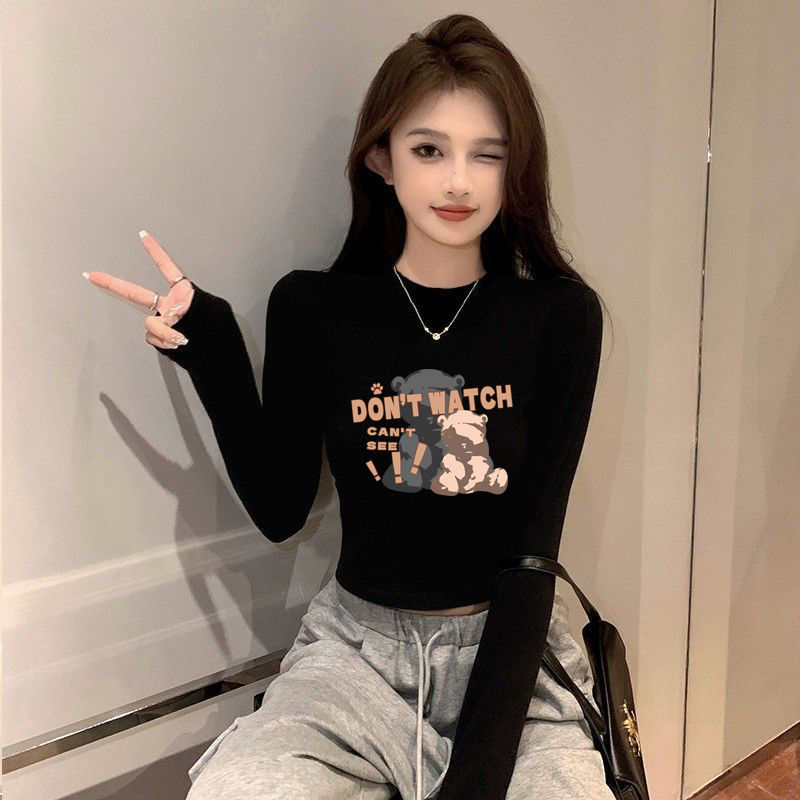 純棉黑色圓領短款打底衫女秋冬內搭露臍長袖t恤緊身中領上衣ins