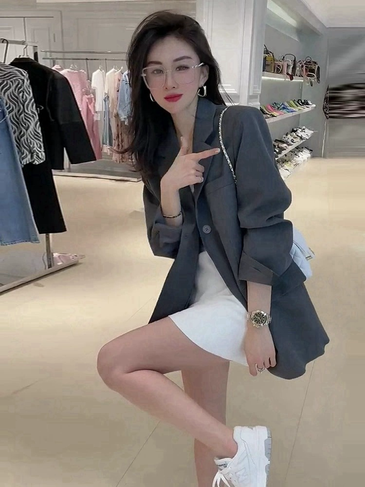 Dark gray suit jacket for women, spring and autumn, Korean version, small, slim, casual, oversize, internet celebrity street suit