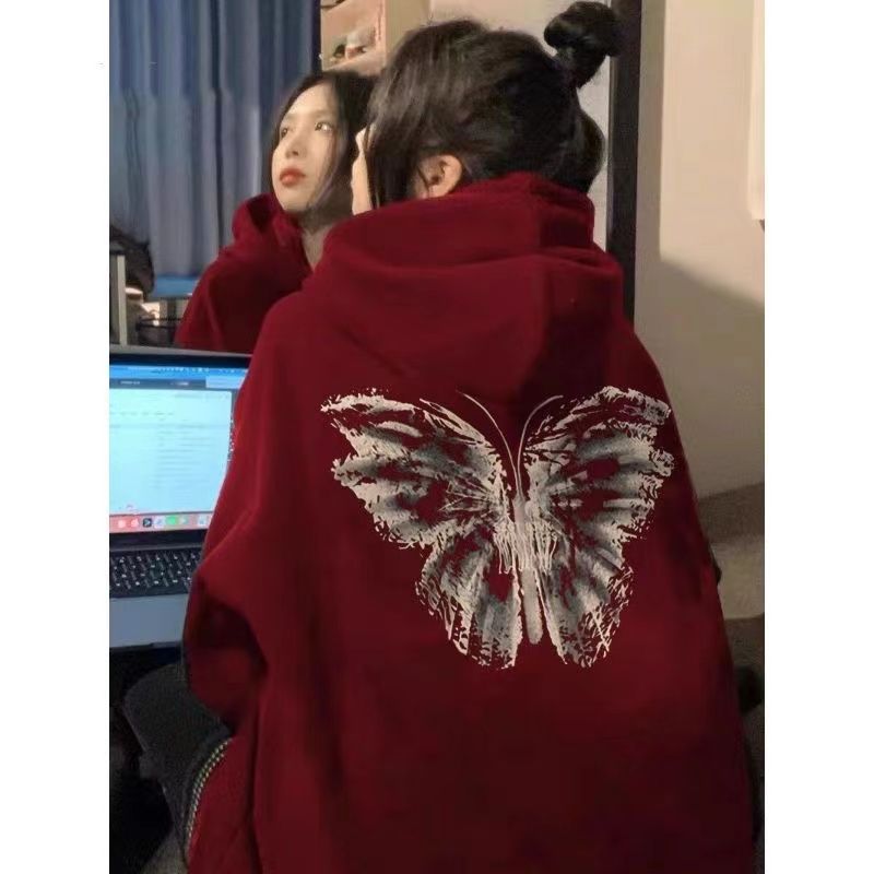 加絨加厚酒紅色連帽衛衣女秋冬新款慵懶風復古顯白寬鬆上衣外套女