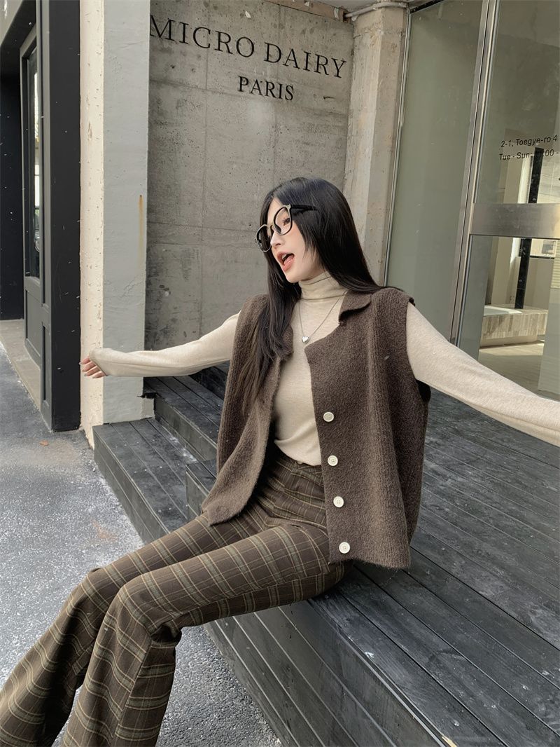 Suit Women's  Autumn and Winter New Korean Style Simple Suit Collar Knitted Vest Loose Top Pile Collar Sweater Women