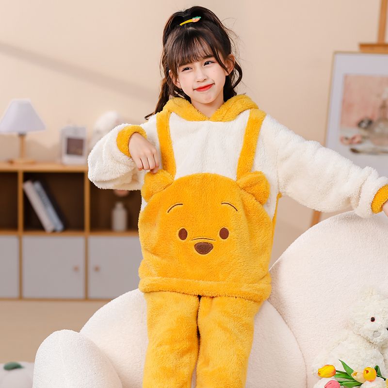 女童睡衣秋冬季寶寶珊瑚絨加厚加絨卡通家居服中小童可外穿卡通款