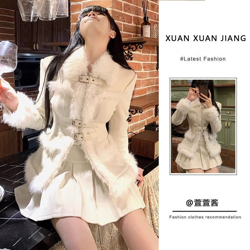套裝女2023秋冬新款小香風氣質收腰毛毛拼接外套高腰顯瘦半身裙
