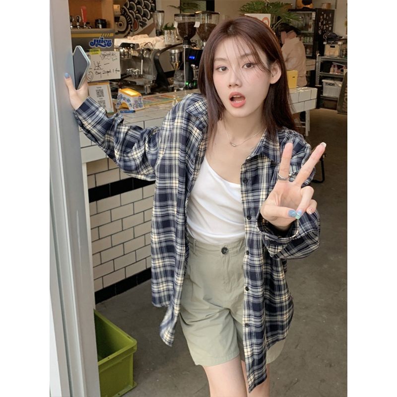 韓版寬鬆慵懶風長袖格子襯衫春秋設計感休閒設計感復古上衣外套女