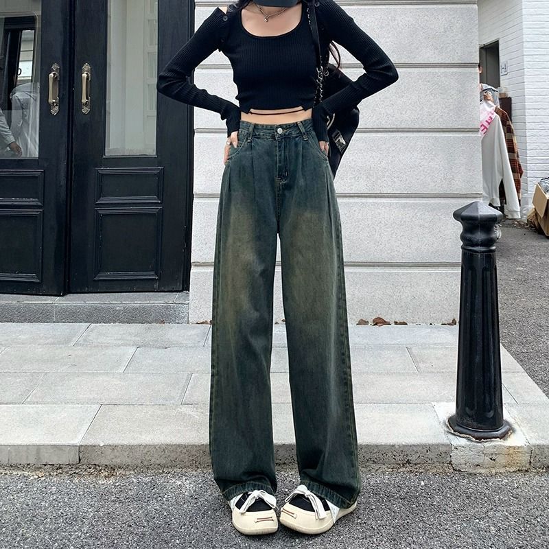 復古高腰闊腿水泥灰牛仔褲女秋冬韓版百搭小個子直筒寬鬆顯瘦長褲