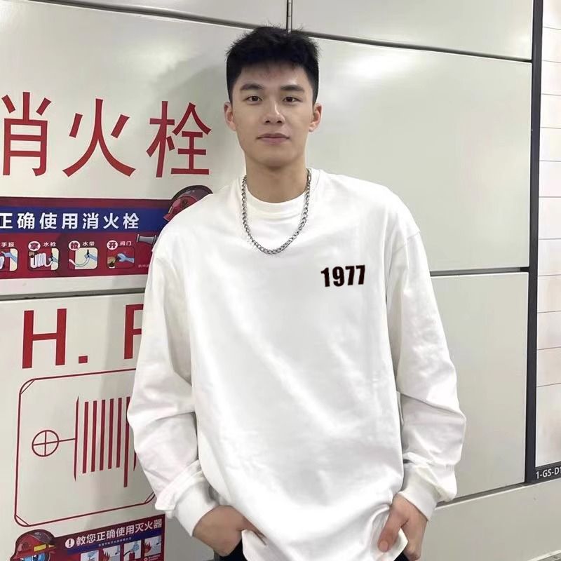 純棉美式簡約1977外穿長袖T恤秋冬男潮牌潮流寬鬆百搭疊穿打底衫