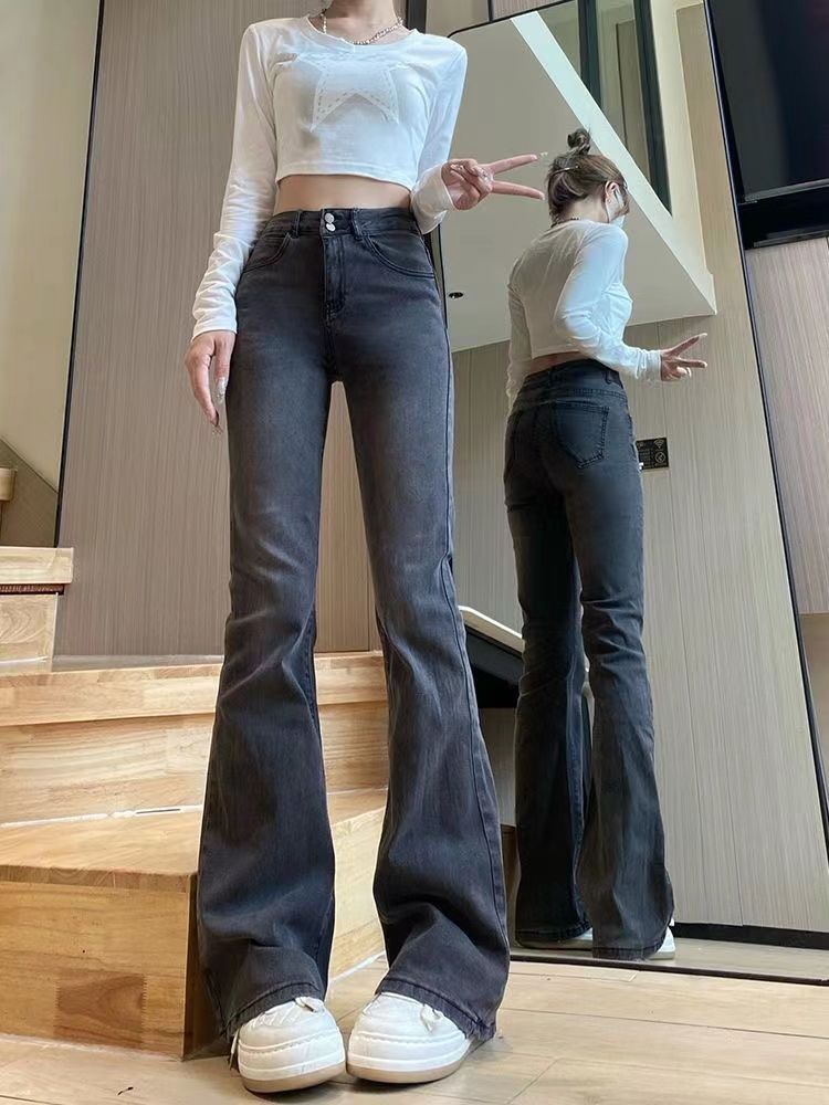 美式復古高腰微喇叭牛仔褲女2023年ins新款修身彈力顯瘦拖地長褲