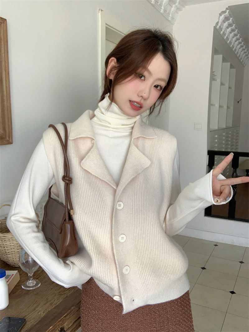 Suit Women's  Autumn and Winter New Korean Style Simple Suit Collar Knitted Vest Loose Top Pile Collar Sweater Women