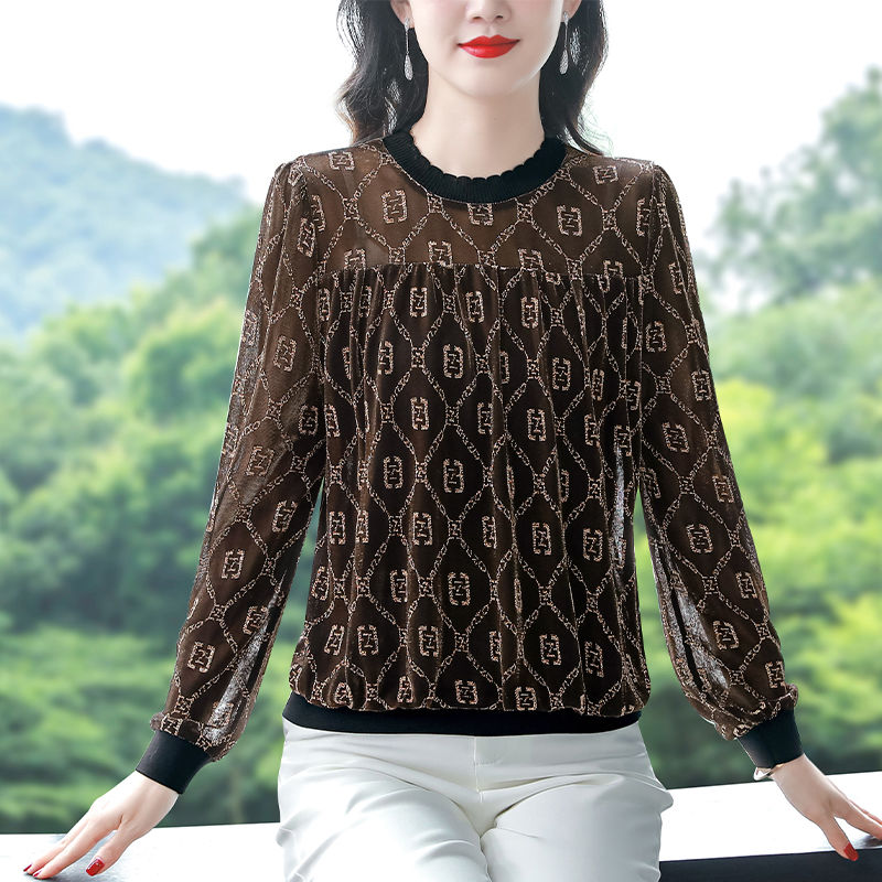 韩版女装大码上衣春秋新款圆领长袖蕾丝上衣时尚宽松遮肚子打底衫
