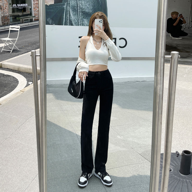 秋裝黑色牛仔褲女2023年春秋新款高腰寬鬆長褲煙管拖地直筒褲秋款