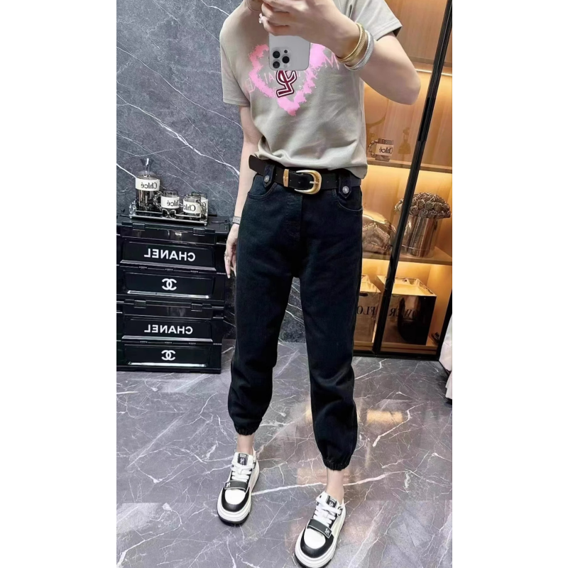 2023秋冬柒月范兒歐貨黑色九分束腳哈倫工裝褲彈力顯瘦洋氣女牛仔