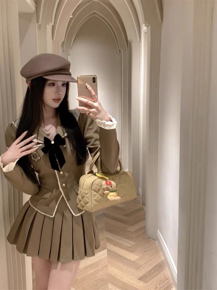 學院風套裝蝴蝶結短裙氣質西裝外套女秋季百褶半身裙甜辣妹兩件套