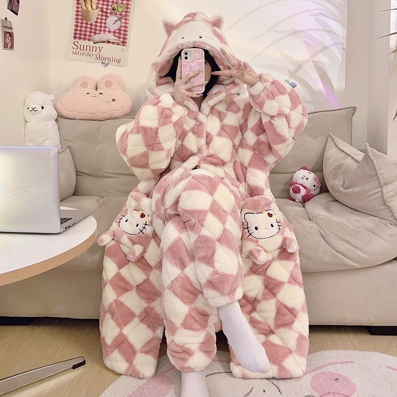 睡衣女冬季珊瑚絨三層夾棉可愛卡通加絨加厚法蘭絨睡衣家居服套裝