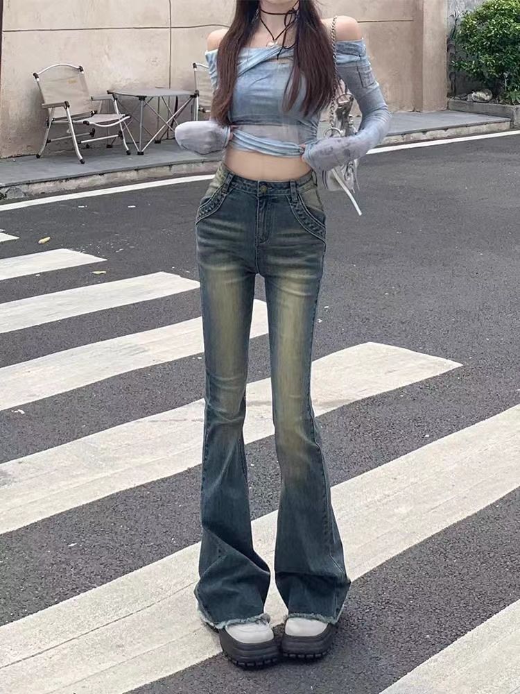復古高腰2023年秋季新款牛仔褲女裝修身微喇長褲美式馬蹄拖地褲子