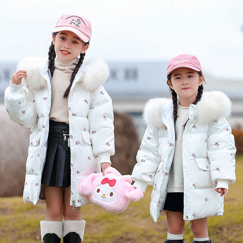 女童羽絨服中長款2023新款冬裝韓版洋氣兒童繡花防寒外穿女小童冬
